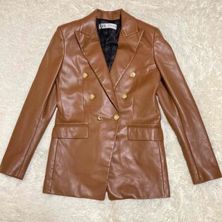 ザラ(ZARA)の美品　ザラ　フェイクレザー　金ボタン　ダブル　ジャケット　大きめXS(テーラードジャケット)