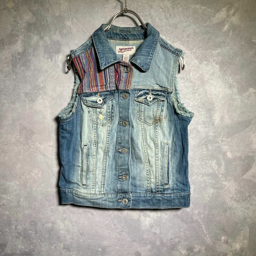 VINTAGE(ヴィンテージ)のARIZONA JEAN CO デニム ベスト ダメージ加工 和柄 刺繍 S レディースのトップス(ベスト/ジレ)の商品写真