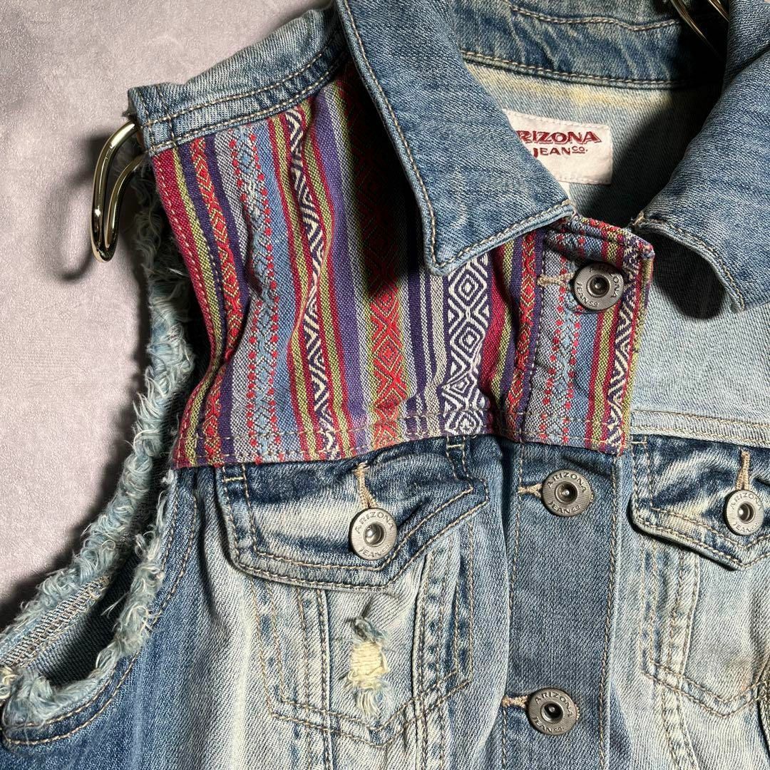 VINTAGE(ヴィンテージ)のARIZONA JEAN CO デニム ベスト ダメージ加工 和柄 刺繍 S レディースのトップス(ベスト/ジレ)の商品写真