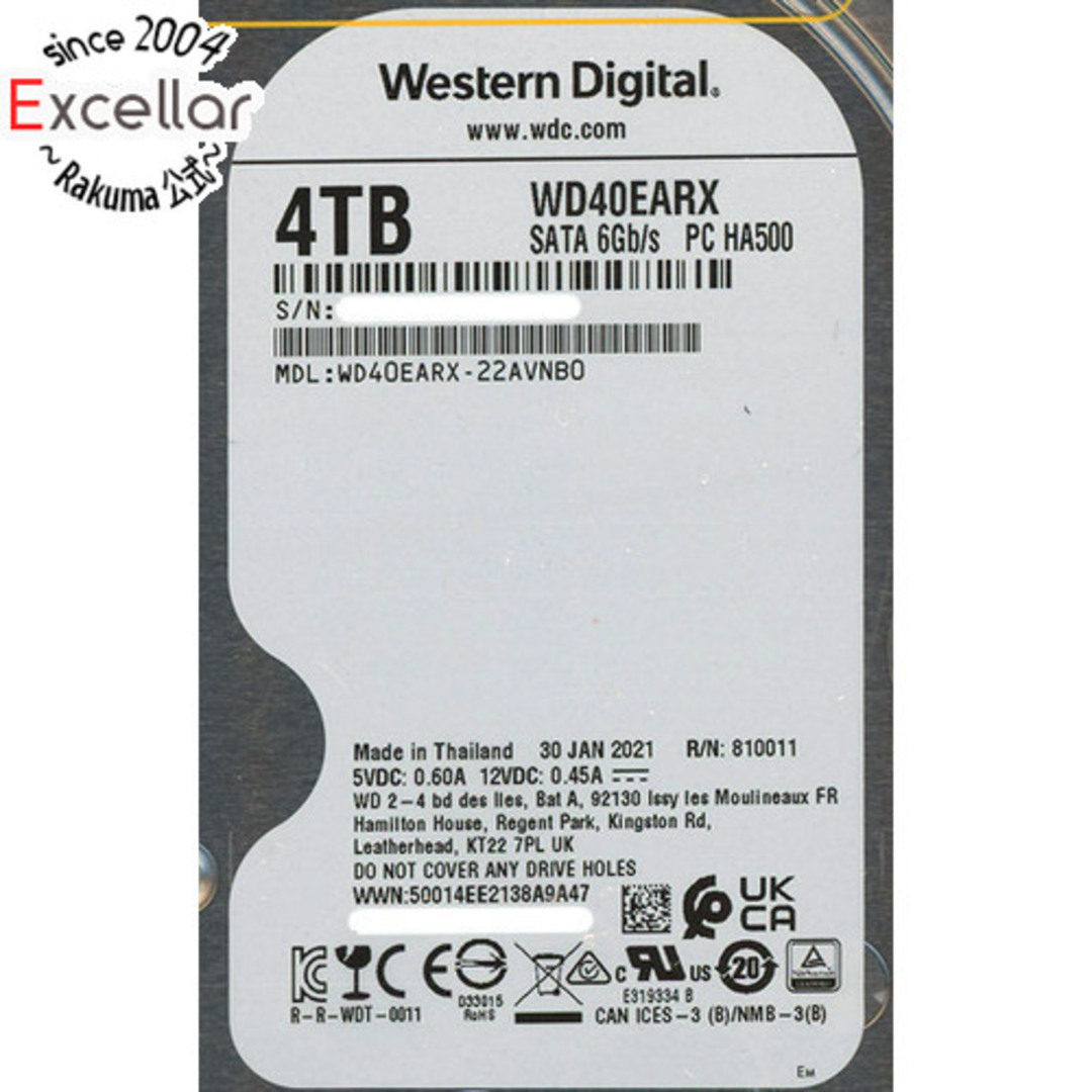 商品状態Western Digital製HDD　WD40EARX　4TB SATA600