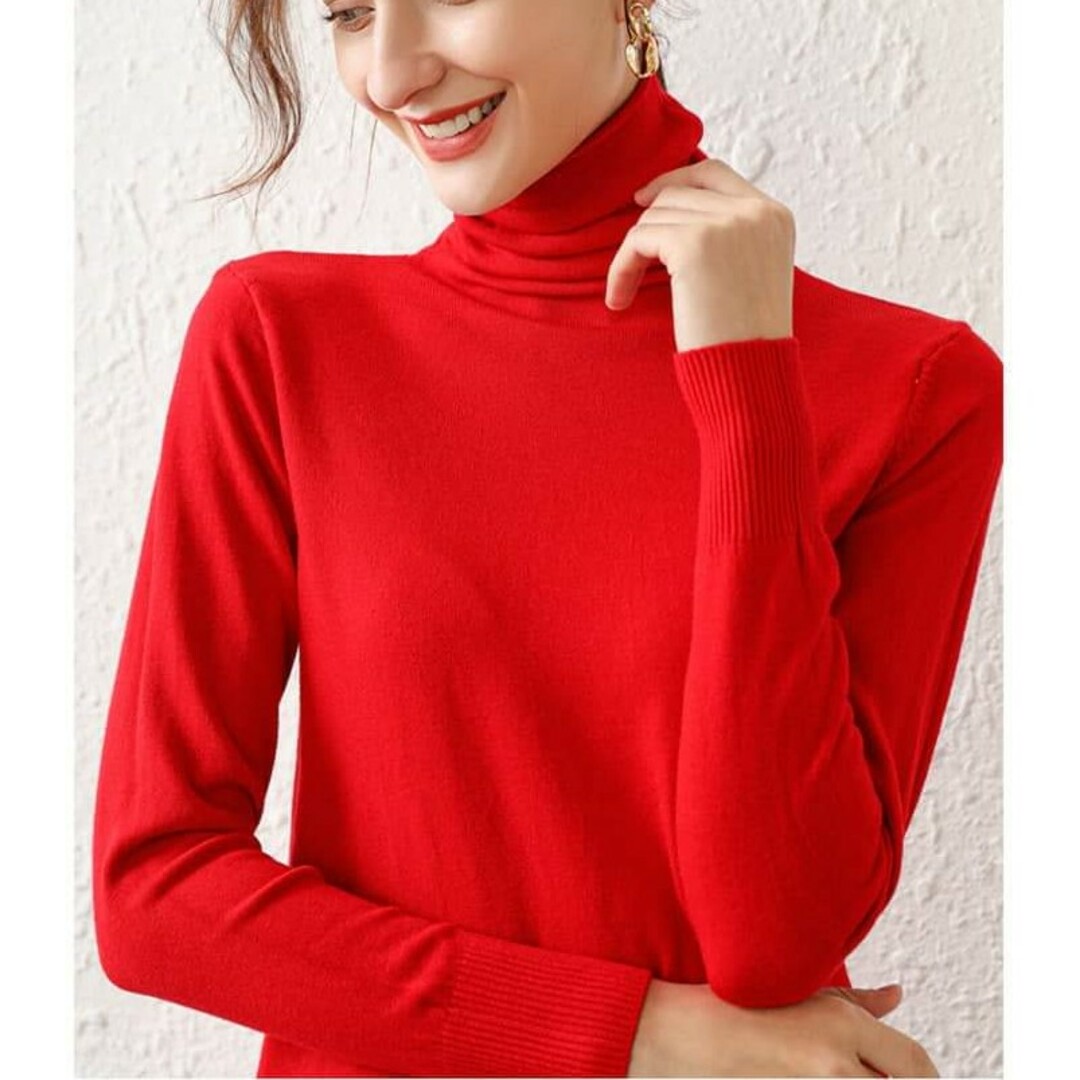 新品　ハイネックセーター　赤　Lサイズ　ソフトタッチ　シンプル　高品質 レディースのトップス(ニット/セーター)の商品写真