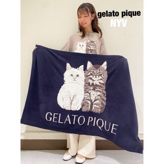 ジェラートピケ(gelato pique)のジェラートピケ　ジェラピケ　ツインキャット　ジャガードブランケット　ネイビー(毛布)