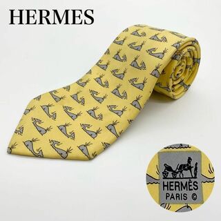 エルメス(Hermes)のエルメス ハイブランドネクタイ アニマル柄 イエロー シルク100％(ネクタイ)