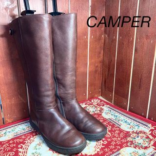 カンペール(CAMPER)のCAMPERロングブーツサイドジップフラットブラウン35(ブーツ)