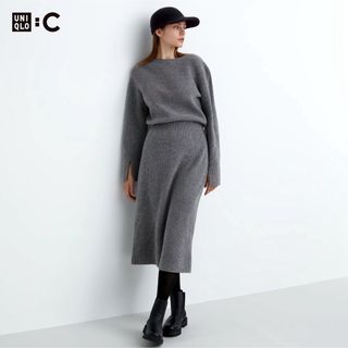 ユニクロ(UNIQLO)のsale!新品タグ付☆UNIQLO:C☆ボートネックニットワンピースXXL灰(ひざ丈ワンピース)