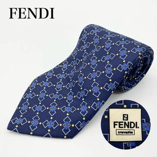 フェンディ(FENDI)のFENDI ネクタイ スクエア 総柄 ネイビー ブルー シルク100％(ネクタイ)
