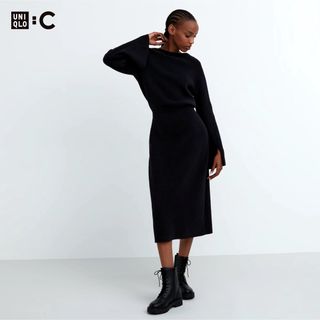 ユニクロ(UNIQLO)のsale!新品タグ付☆UNIQLO:C☆ボートネックニットワンピースXXL黒(ひざ丈ワンピース)