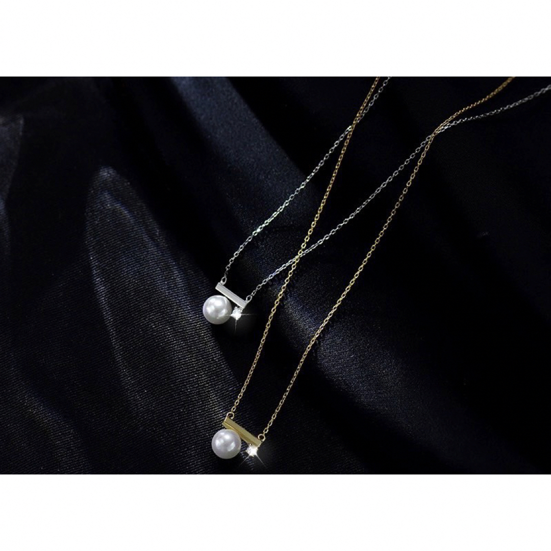 パール 一粒ダイヤネックレス ステンレスネックレス シルバー レディースのアクセサリー(ネックレス)の商品写真