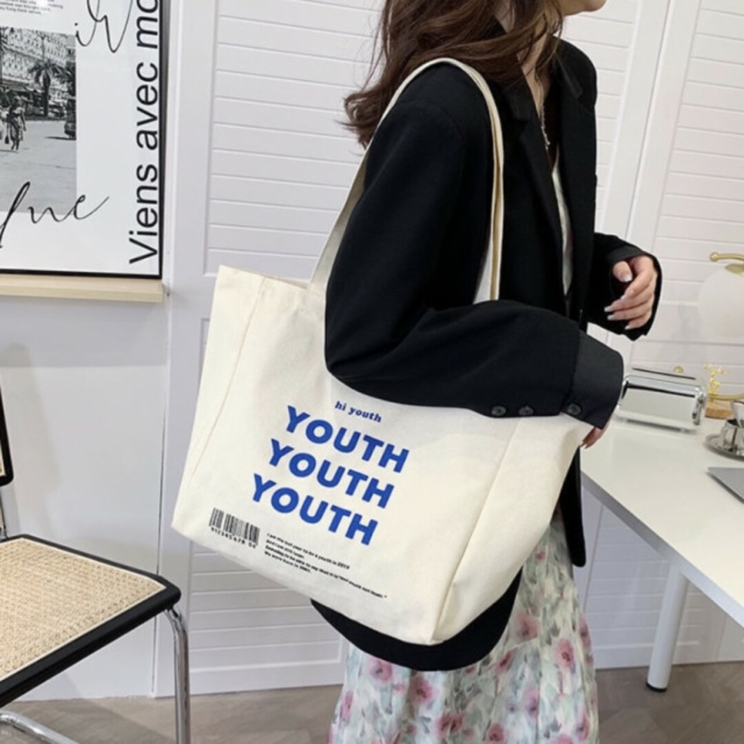 youth ロゴ キャンバストート 帆布 きなり 綺麗 美品 大容量 安い 青 レディースのバッグ(ショルダーバッグ)の商品写真