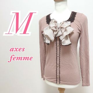 アクシーズファム(axes femme)のアクシーズファム　長袖トップス　M　くすみピンク　ブラウン　リボン　レース(カットソー(長袖/七分))