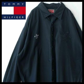 トミーヒルフィガー(TOMMY HILFIGER)の【希少】トミーヒルフィガー シャツ 長袖 刺繍ロゴ 黒 2XL 一点物 入手困難(シャツ)