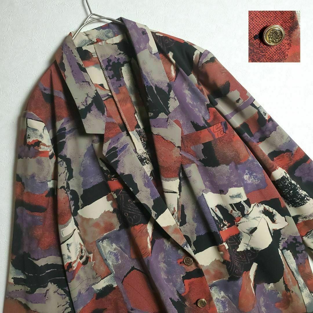 テーラードジャケット 赤紫 水彩画風 アート柄 総柄 レトロ ビンテージテーラードジャケット