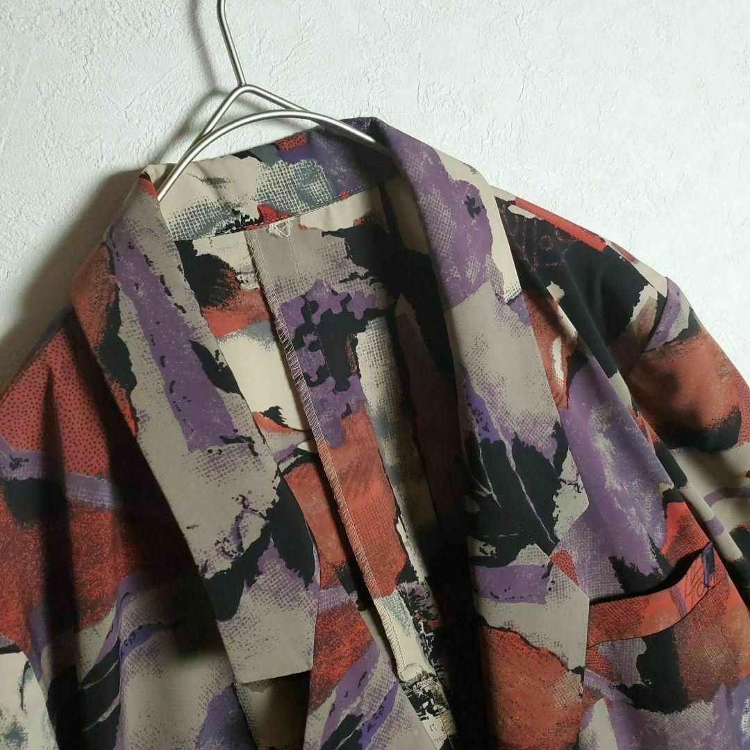 テーラードジャケット 赤紫 水彩画風 アート柄 総柄 レトロ ビンテージテーラードジャケット