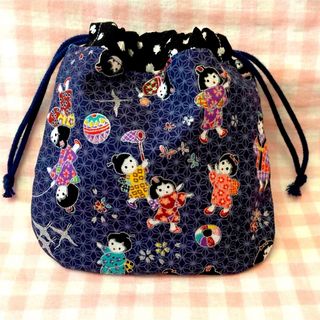 レトロこども遊び柄☆ハンドメイド☆巾着☆シルバーネイビー(その他)