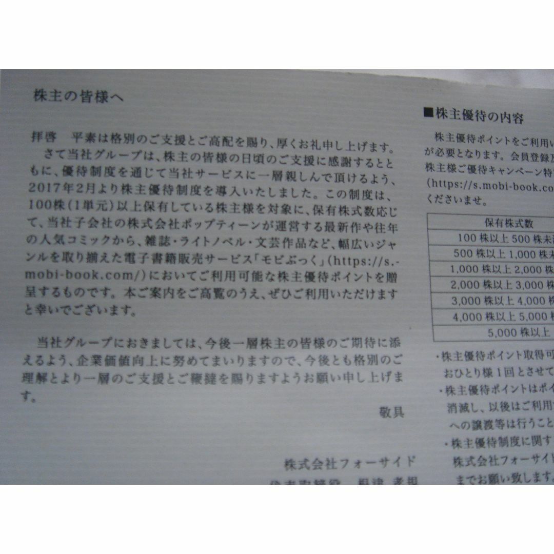 フォーサイド　株主優待　モビぶっく　500円分　送料込 チケットの優待券/割引券(ショッピング)の商品写真