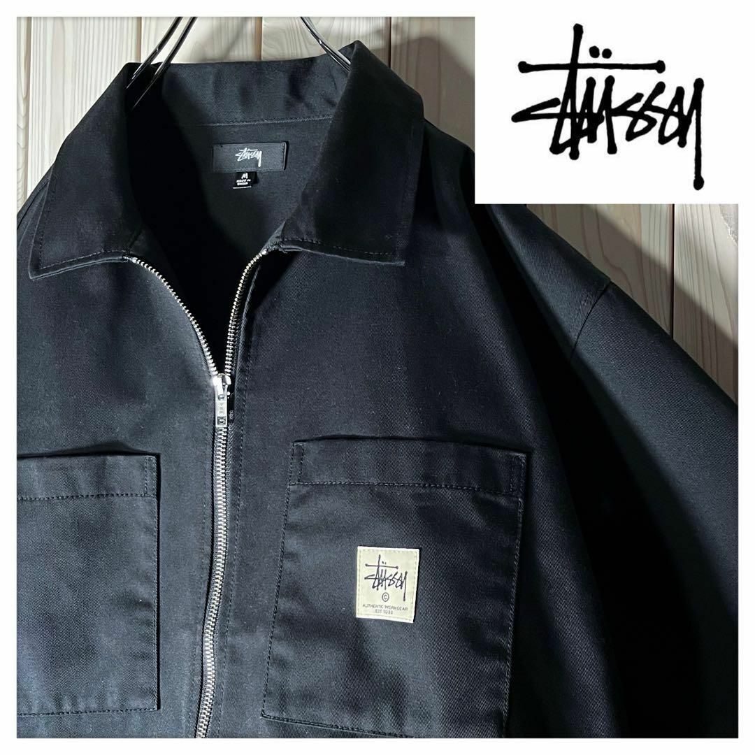 PINEALall【極美品 M】ステューシー 刺繍ロゴ ジップ ワークシャツ ジャケット 黒
