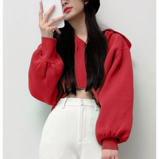 グレイル(GRL)の新品　グレイル　クロップド丈ニットパーカー　レッド(ニット/セーター)