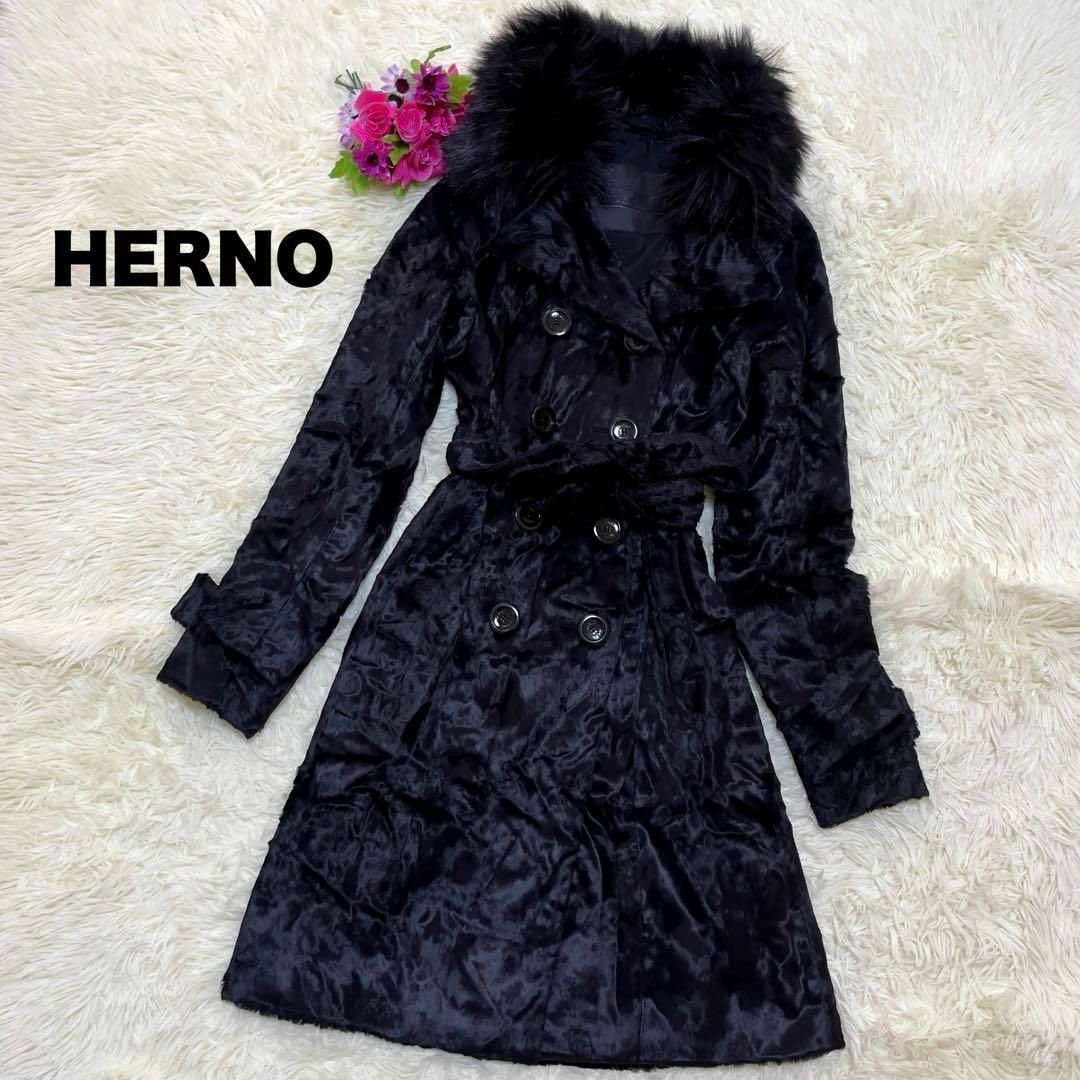 HERNO(ヘルノ)のHERNO イタリア製 ファー ベルト ロングコート ブラック 40 L レディースのジャケット/アウター(毛皮/ファーコート)の商品写真