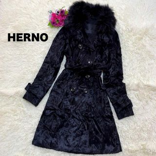 ヘルノ(HERNO)のHERNO イタリア製 ファー ベルト ロングコート ブラック 40 L(毛皮/ファーコート)