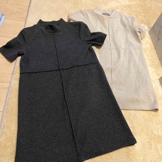 ザラ(ZARA)のZARA ミニニットワンピ　モックネック　2点セット　色違い　グレー　ベージュ　(ミニワンピース)