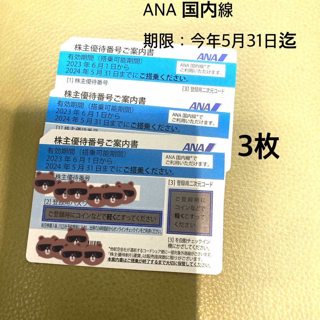 ANA(全日本空輸)(エーエヌエー(ゼンニッポンクウユ))の株主優待3枚　ANA 国内線　今年5月31日まで チケットの乗車券/交通券(航空券)の商品写真