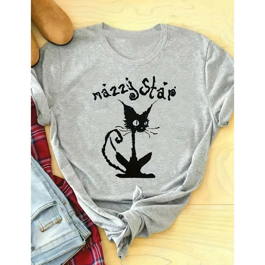 大きいサイズ レディース 半袖 Tシャツ グレー 黒猫 ネコ柄 XL 3L 4L レディースのトップス(Tシャツ(半袖/袖なし))の商品写真