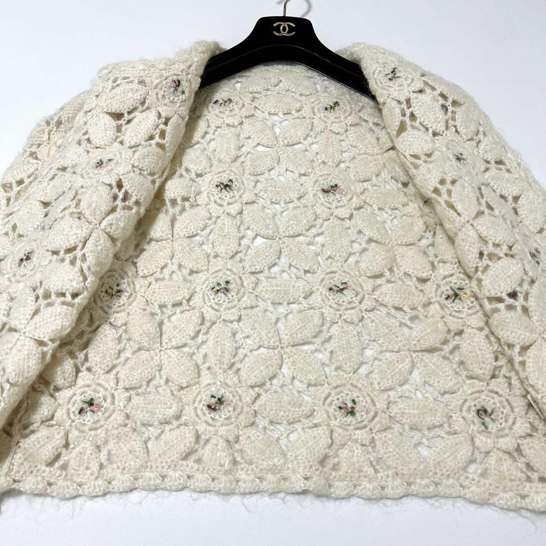 カーディガン 透かし編み 花柄 刺繍 オフホワイト アイボリー ウール Lサイズ