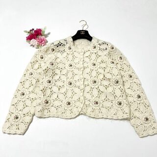 カーディガン 透かし編み 花柄 刺繍 オフホワイト アイボリー ウール Lサイズ(カーディガン)