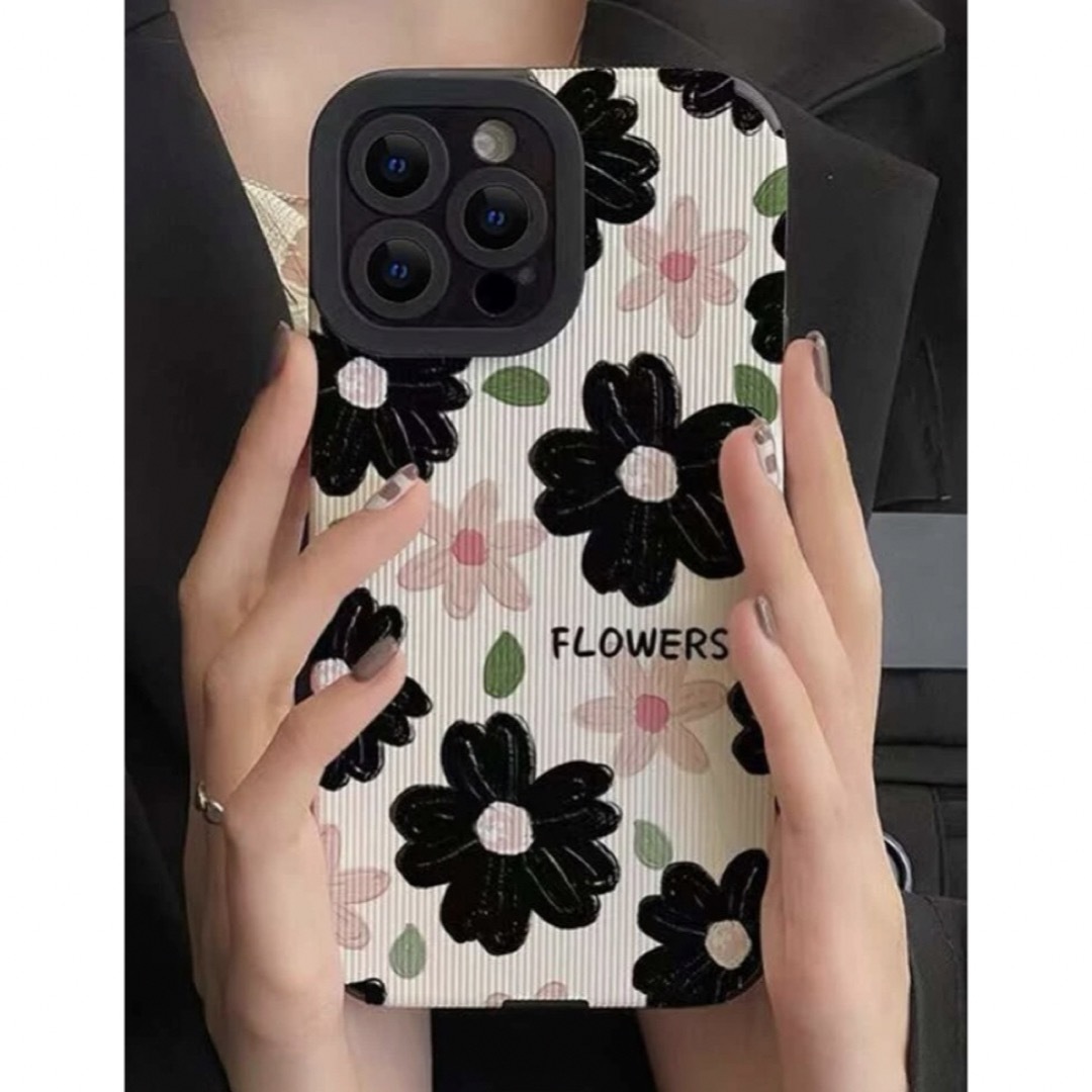 iPhone14Pro 花柄 黒×ピンク スマホケース  ソフト 携帯ケース スマホ/家電/カメラのスマホアクセサリー(iPhoneケース)の商品写真