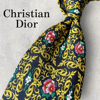 クリスチャンディオール(Christian Dior)の美品 Christian Dior 花柄 バロック柄 ネクタイ 黒 ゴールド(ネクタイ)