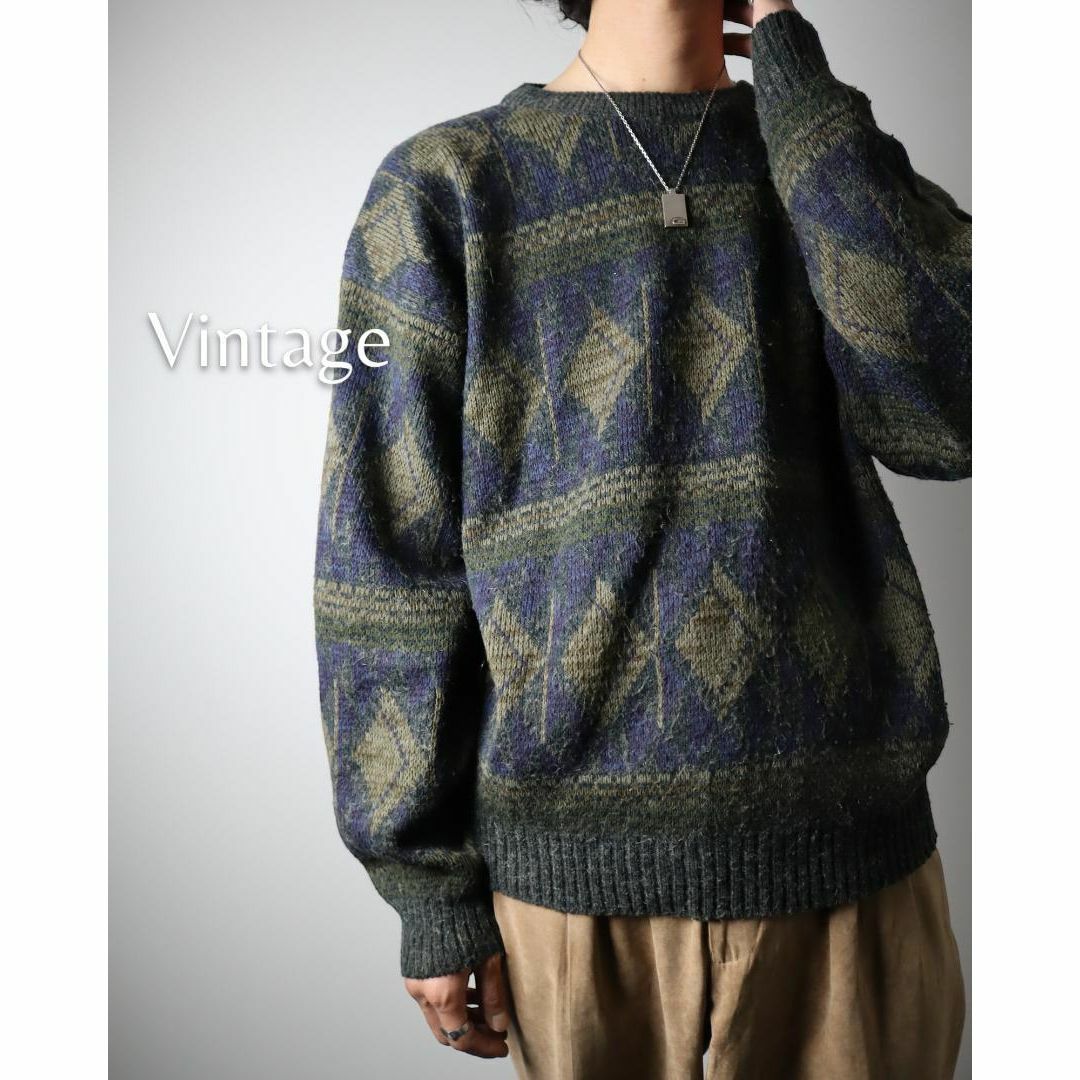 arieニット✿【vintage】幾何学 デザイン 総柄 ニット セーター 深緑 ネイビー L