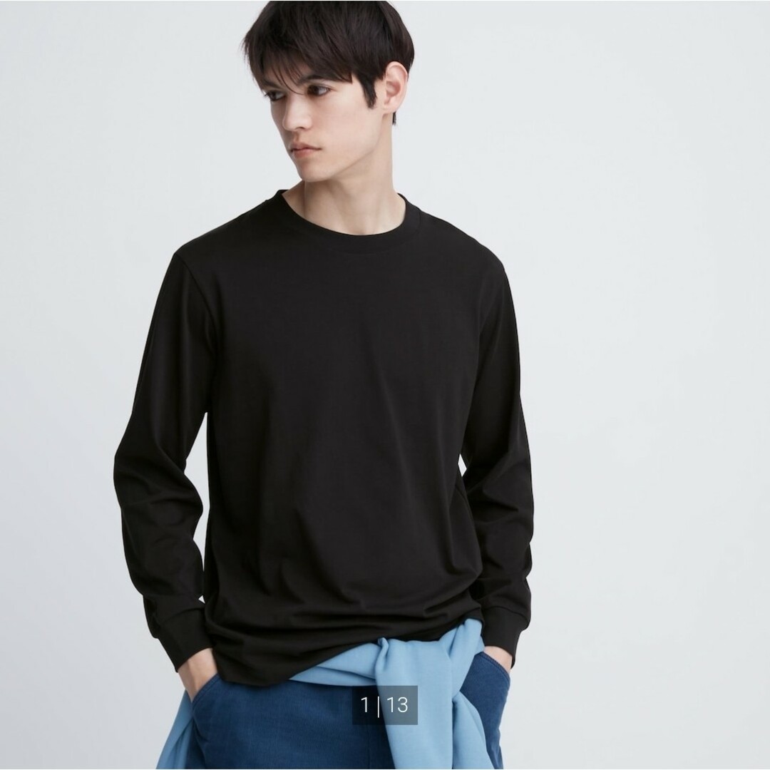 UNIQLO(ユニクロ)の新品未使用 ユニクロ エアリズムコットンUVカットクルーネックT ブラック L メンズのトップス(Tシャツ/カットソー(七分/長袖))の商品写真