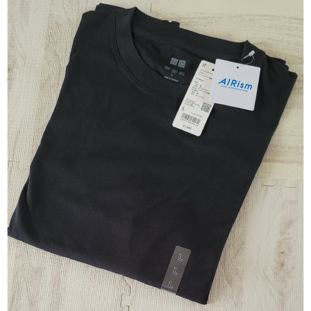 UNIQLO(ユニクロ)の新品未使用 ユニクロ エアリズムコットンUVカットクルーネックT ブラック L メンズのトップス(Tシャツ/カットソー(七分/長袖))の商品写真