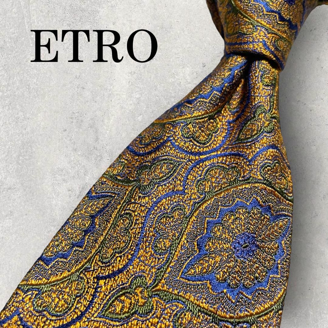 ETRO(エトロ)の美品 ETRO エトロ ジャガード ペイズリー柄 植物柄 ネクタイ ゴールド 青 メンズのファッション小物(ネクタイ)の商品写真