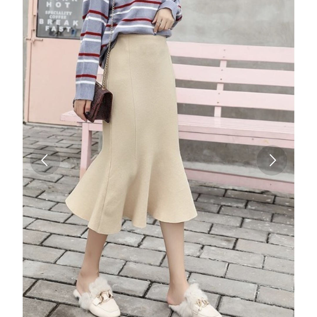 ニットマーメイドスカートウエストゴムベージュ韓国Diosfront レディースのスカート(ひざ丈スカート)の商品写真
