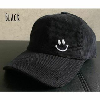 送料込 新品 スマイル コーデュロイ キャップ カーブ CAP ニコちゃん BK(キャップ)