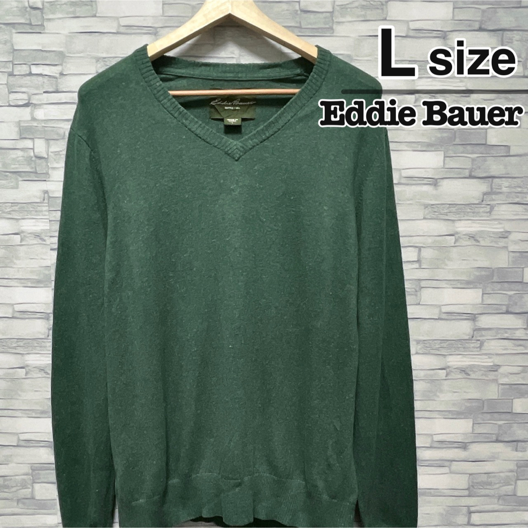 Eddie Bauer(エディーバウアー)のEddie Bauer　ハイゲージニット　Vネック　無地　グリーン　USA古着 メンズのトップス(ニット/セーター)の商品写真