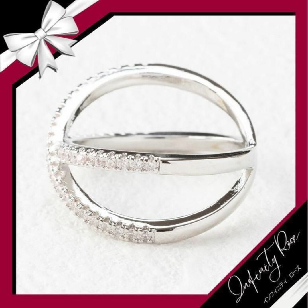 （R018S）13号 シンプル大人ワイドクロスクリスタルリング　 高価爪留め指輪 レディースのアクセサリー(リング(指輪))の商品写真