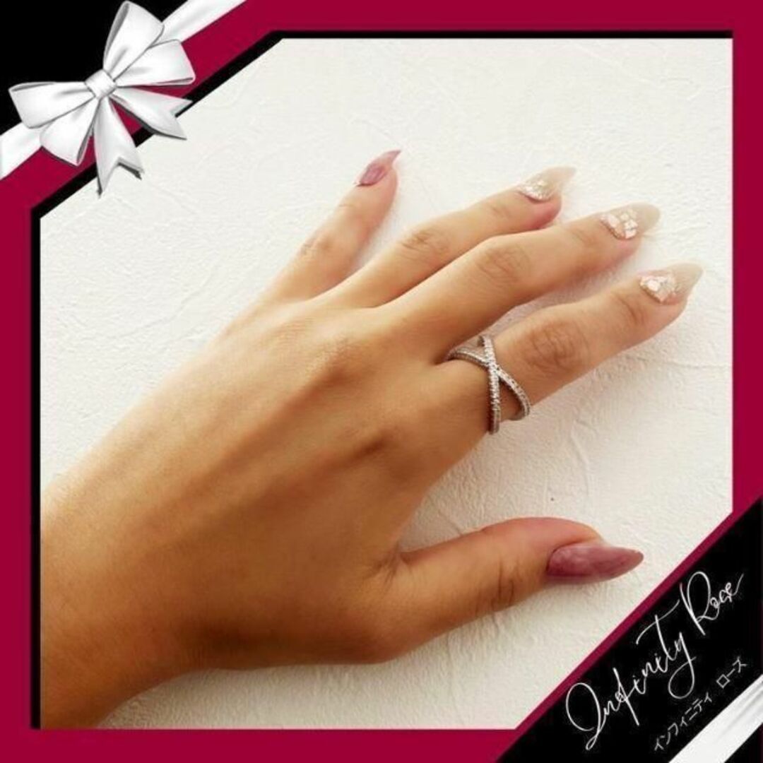 （R018S）21号 シンプル大人ワイドクロスクリスタルリング　 高価爪留め指輪 レディースのアクセサリー(リング(指輪))の商品写真