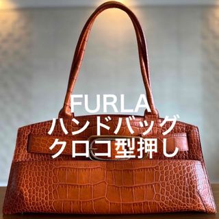 フルラ(Furla)のFURLA (フルラ)ハンドバッグ レザー  オレンジ　クロコ型押し(ハンドバッグ)