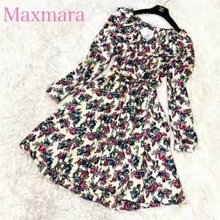 マックスマーラ(Max Mara)の新品タグ付✨️マックスマーラ ワンピース 40 M～L  花柄 リボン フリル(ひざ丈ワンピース)