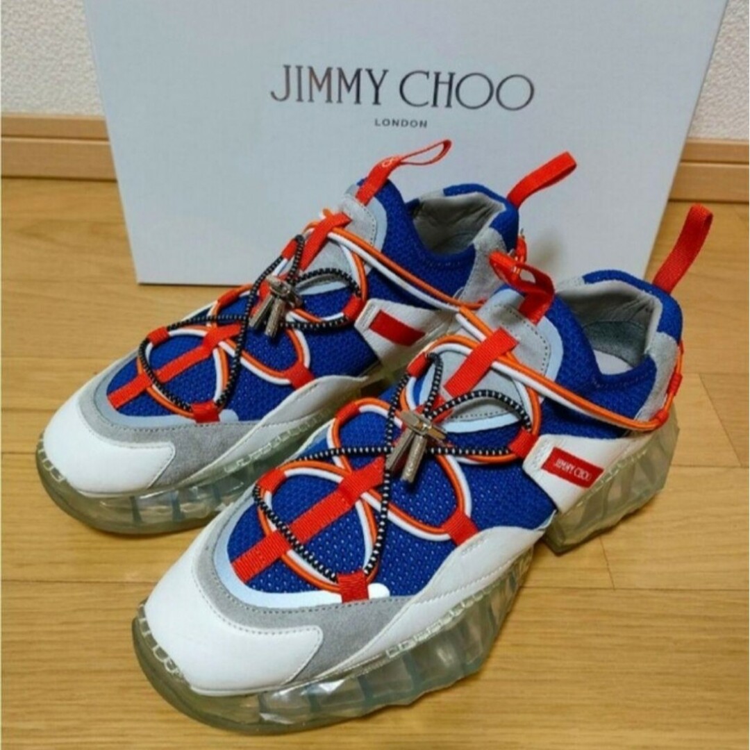 JIMMY CHOO(ジミーチュウ)のJIMMY CHOO ジミーチュウ ダイヤモンドトレイル 38 青×朱赤 美品 レディースの靴/シューズ(スニーカー)の商品写真