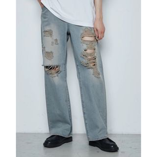 ウィゴー(WEGO)のTHE STANDARD  ダメージデニムワイドパンツ　デニム中濃加工　  M(デニム/ジーンズ)