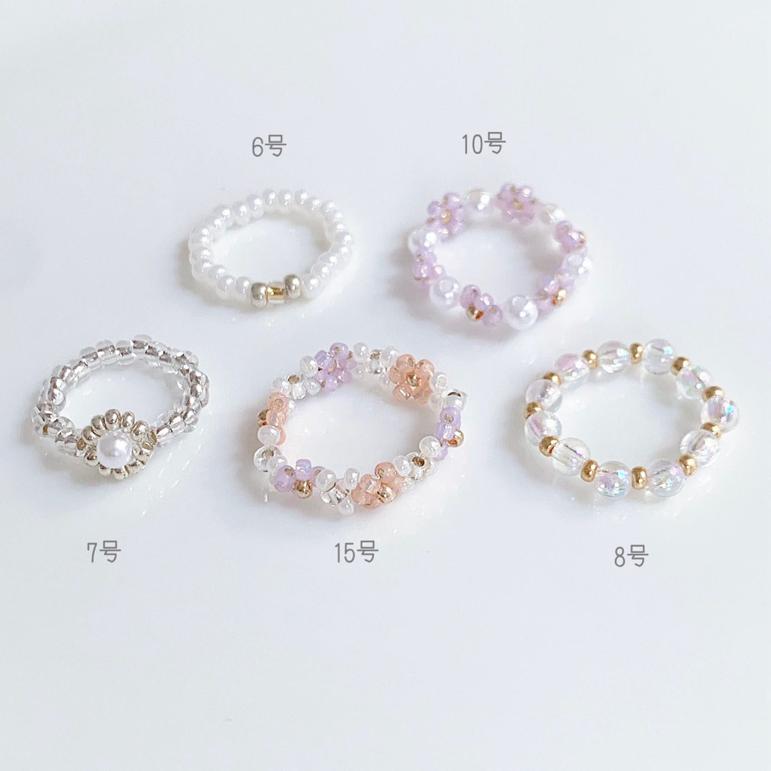 韓国ビーズ♡リング5点set ＼Pink×Purple／ ハンドメイドのアクセサリー(リング)の商品写真