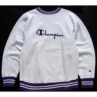 チャンピオン(Champion)の90s USA製 Championチャンピオン スクリプト ビッグロゴ刺繍 リブライン リバースウィーブ スウェット 杢グレー×紫 M★80 ビンテージ(スウェット)