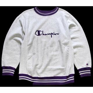 チャンピオン(Champion)の90s USA製 Championチャンピオン スクリプト ビッグロゴ刺繍 リブライン リバースウィーブ スウェット 杢グレー×紫 M★79 ビンテージ(スウェット)