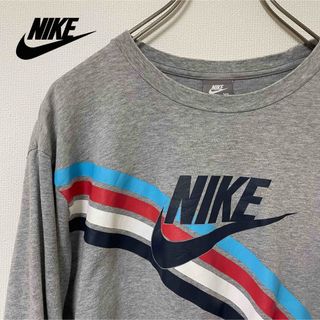 ナイキ(NIKE)の古着！NIKE ナイキ カラフルラインがアクセントのグレー長袖 ロンT(XL)(Tシャツ/カットソー(七分/長袖))