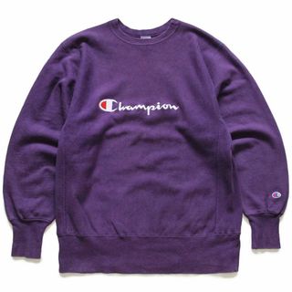 チャンピオン(Champion)の90s USA製 Championチャンピオン スクリプト ビッグロゴ刺繍 リバースウィーブ スウェット 紫 L★83 ビンテージ オールド デカロゴ(スウェット)