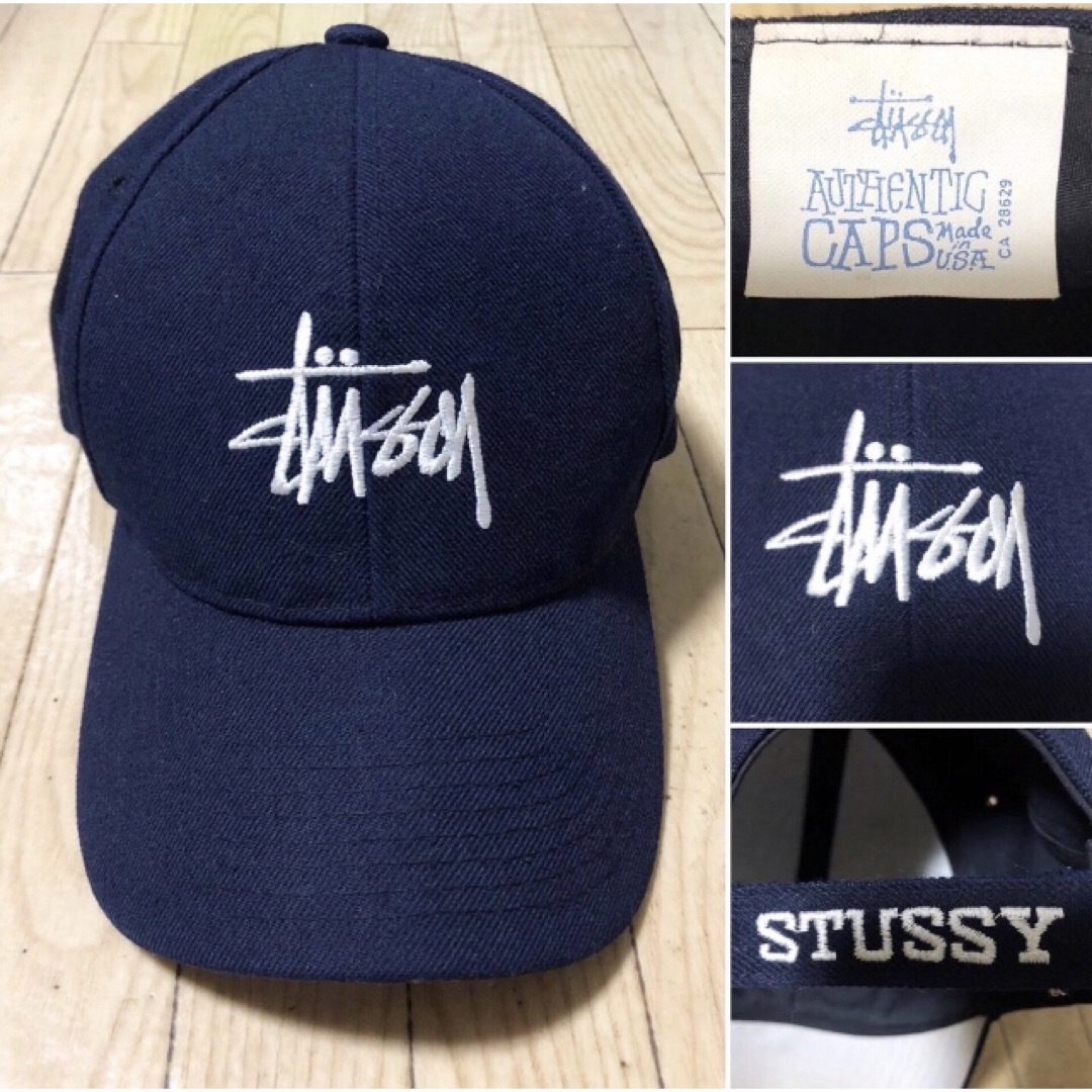 バイカーファッションUSA製 90s 白タグ OLD STUSSY 刺繍ロゴ キャップ ネイビー