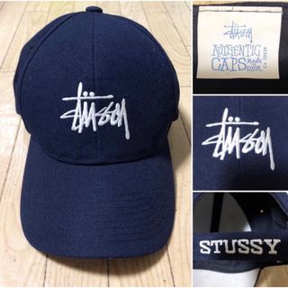 ステューシー(STUSSY)のUSA製 90s 白タグ OLD STUSSY 刺繍ロゴ キャップ ネイビー(キャップ)